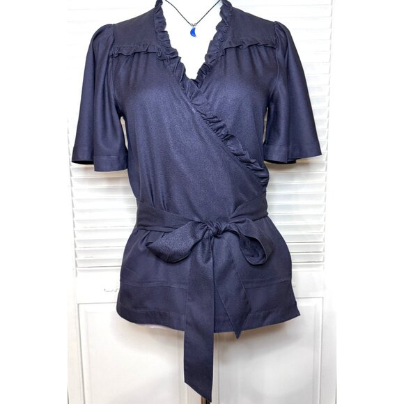 Marc Jacobs Womens Navy Silk Wrap Blouse Ruffle Trim Sz‎ 6 Office to Evening - Picture 1 of 14